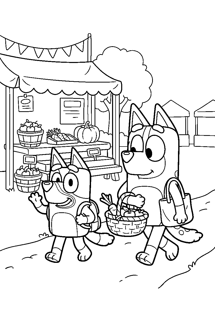 bluey chilli walking in farmers market line art