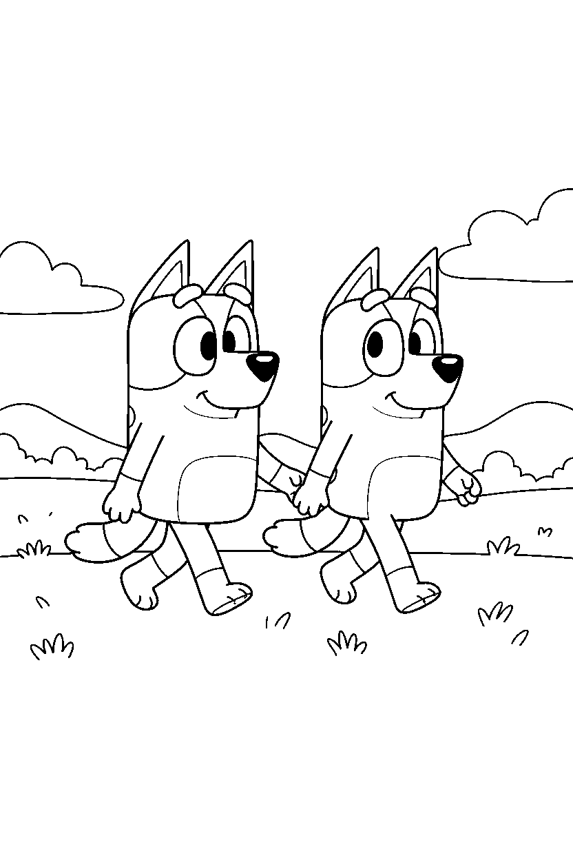 bluey chilli walking slowly in grassy field line art