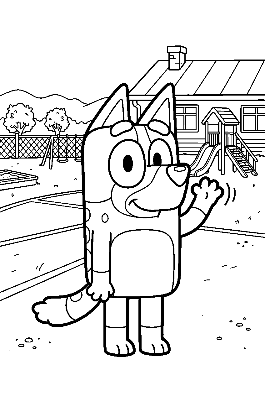 bluey chilli waving in school playground line art