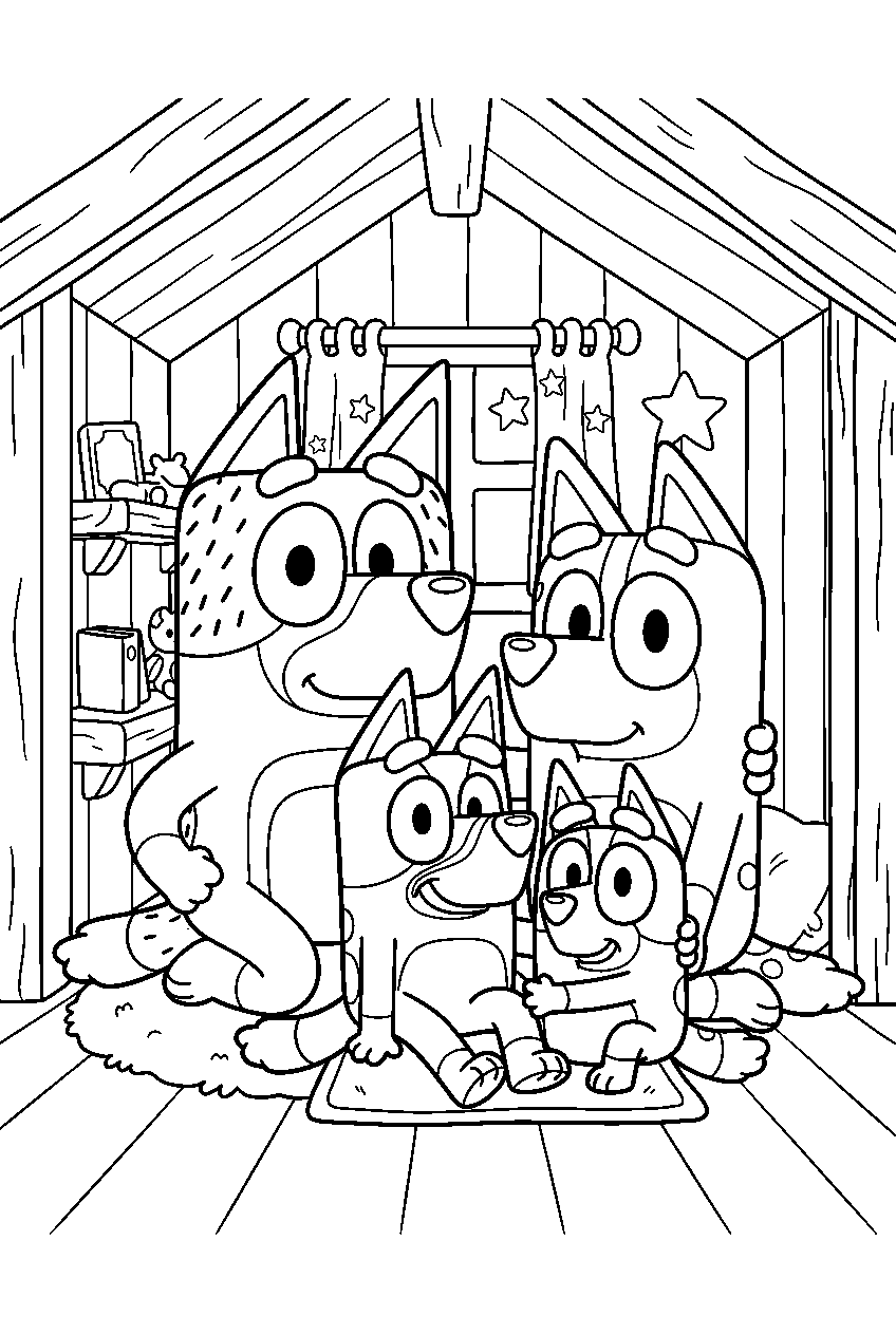 bluey family in cubby house line art