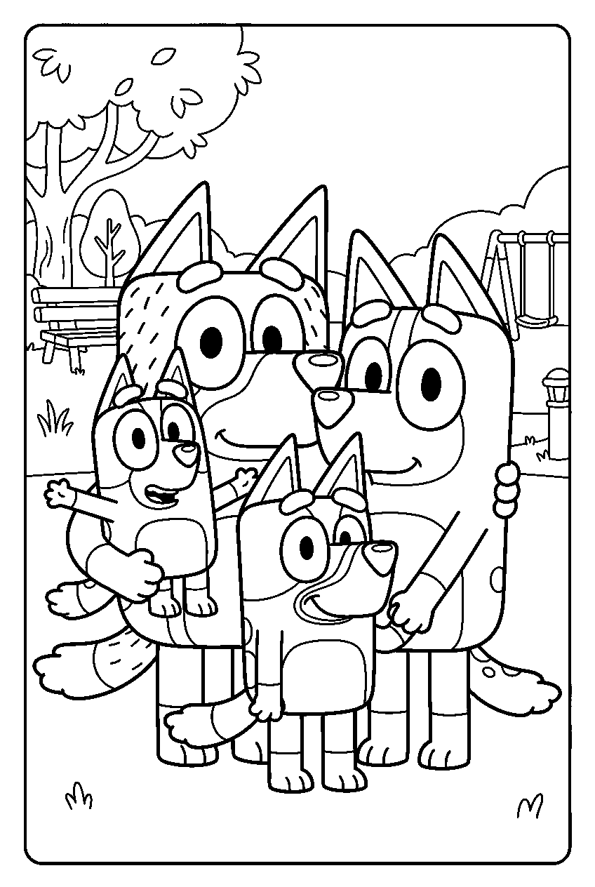 bluey family in neighborhood park line art