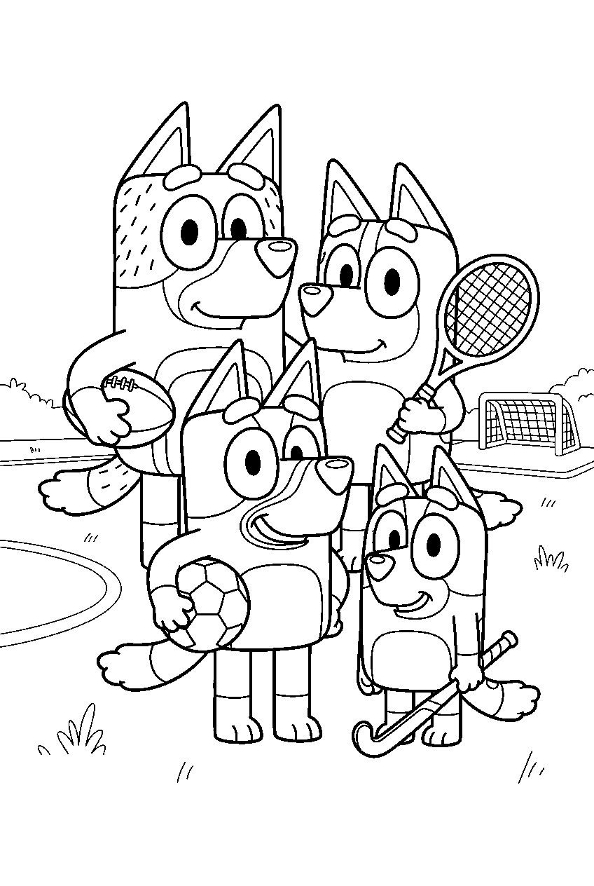 bluey family in sports field line art