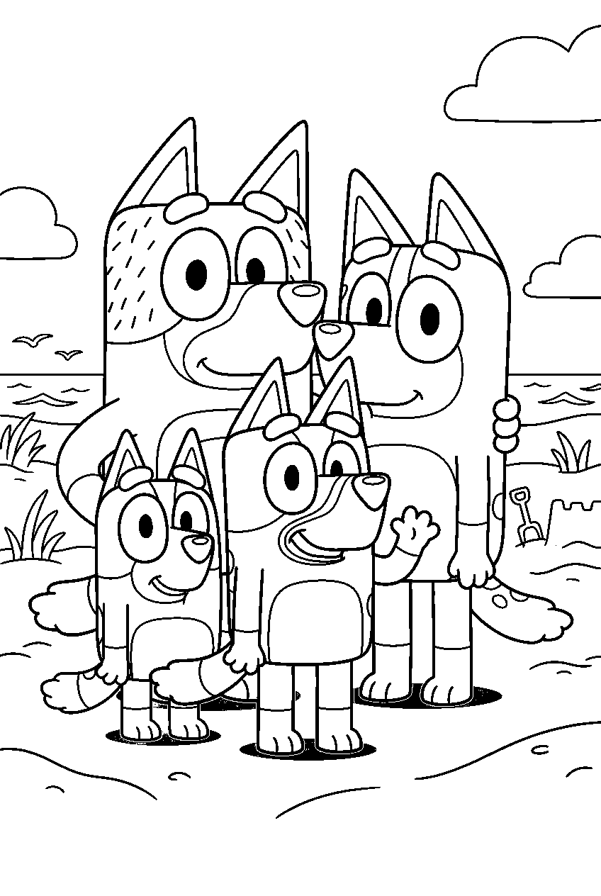 bluey family on sandy beach line art