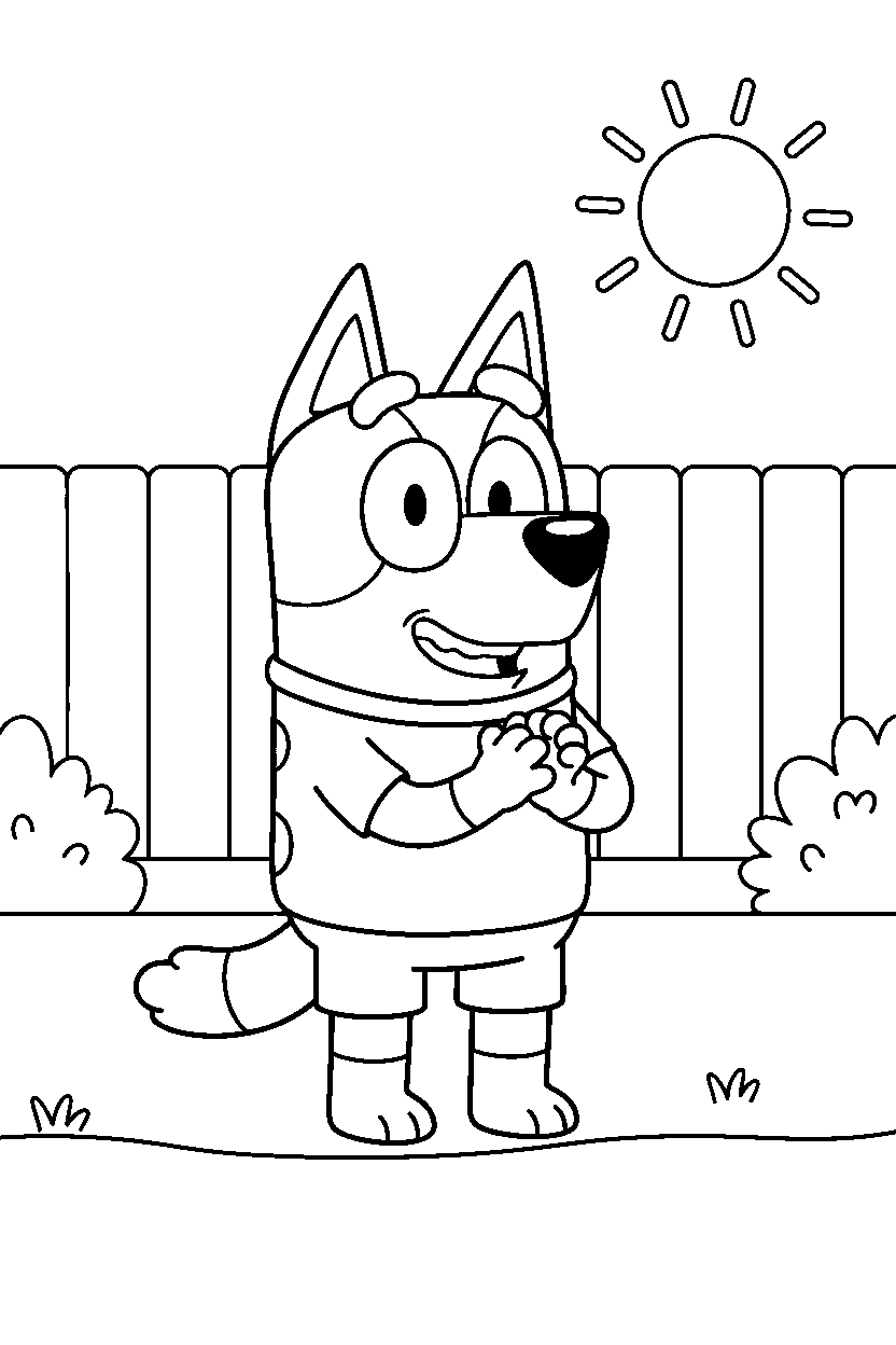 bandit heeler the dad from bluey tv series clapping happily in a simple backyard line art