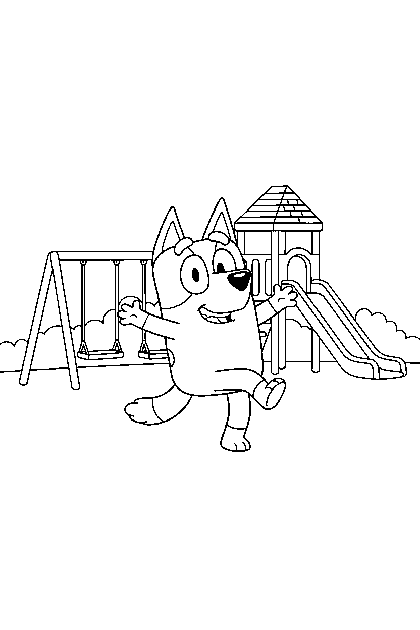 bandit heeler the dad from bluey tv series dancing happily at a simple playground line art