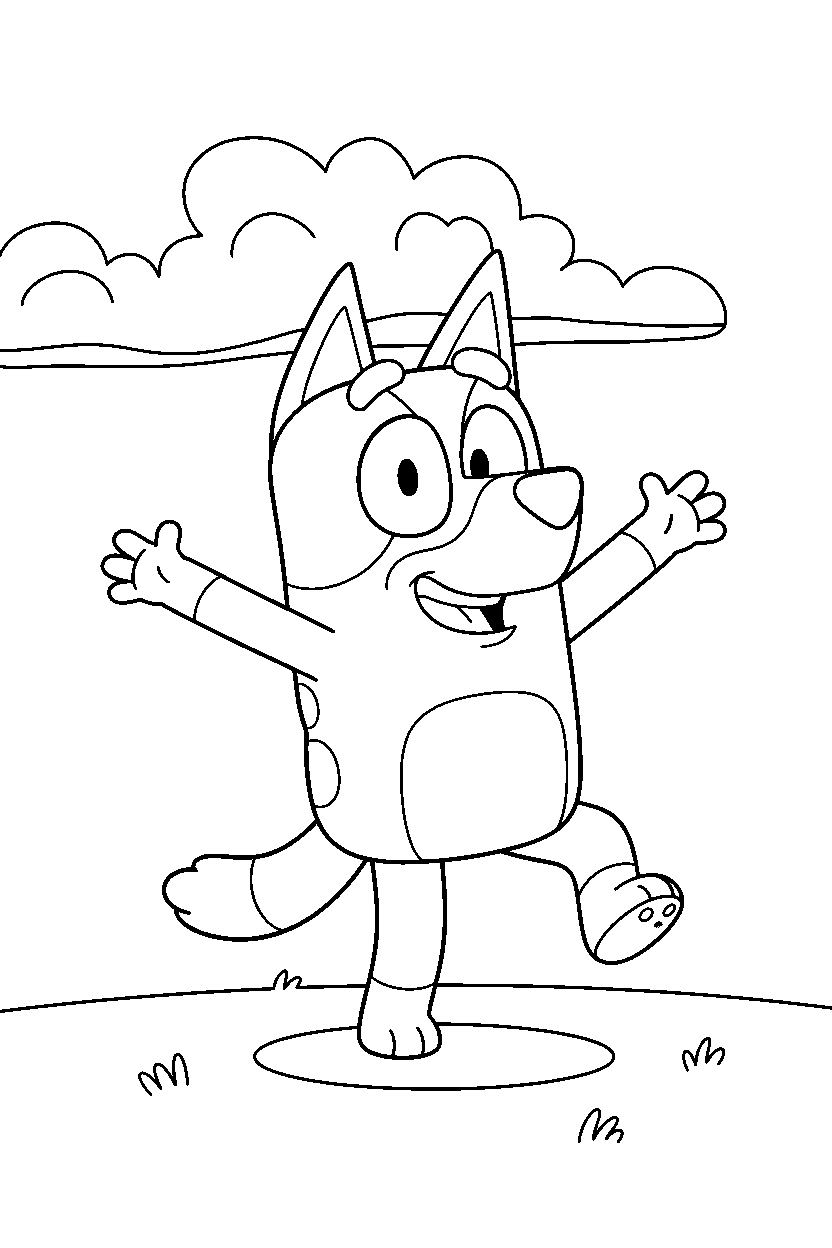 bandit heeler the dad from bluey tv series dancing happily under a cloudy sky line art