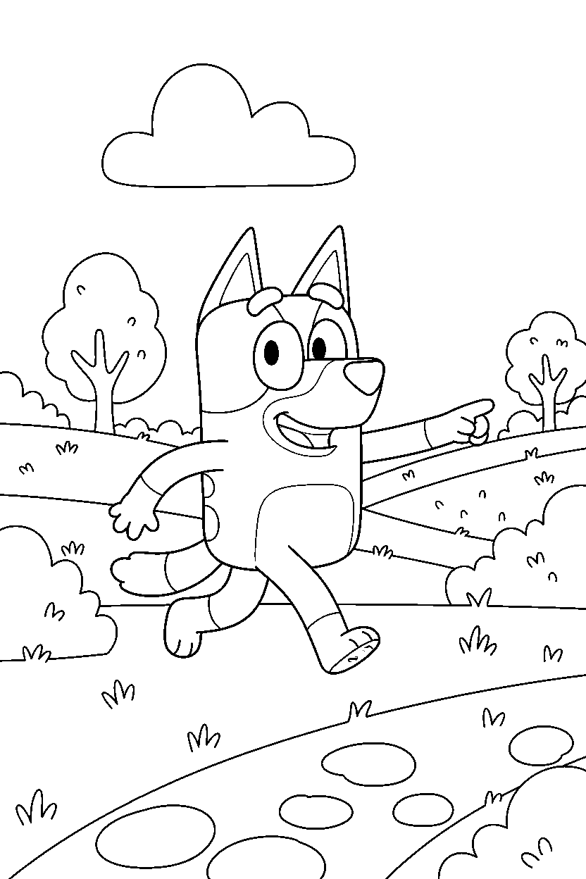 bandit heeler the dad from bluey tv series exploring happily in a grassy park line art