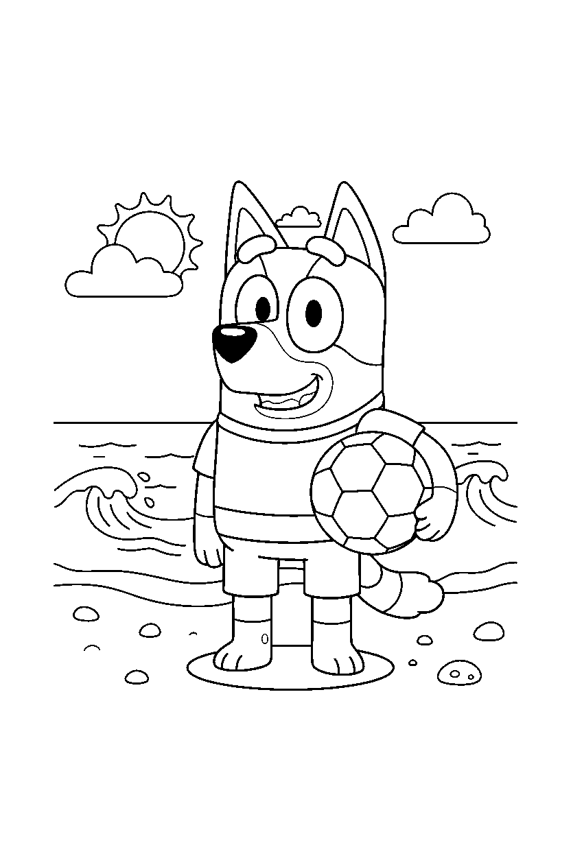 bandit heeler the dad from bluey tv series holding a soccer ball on a beach with simple waves line art