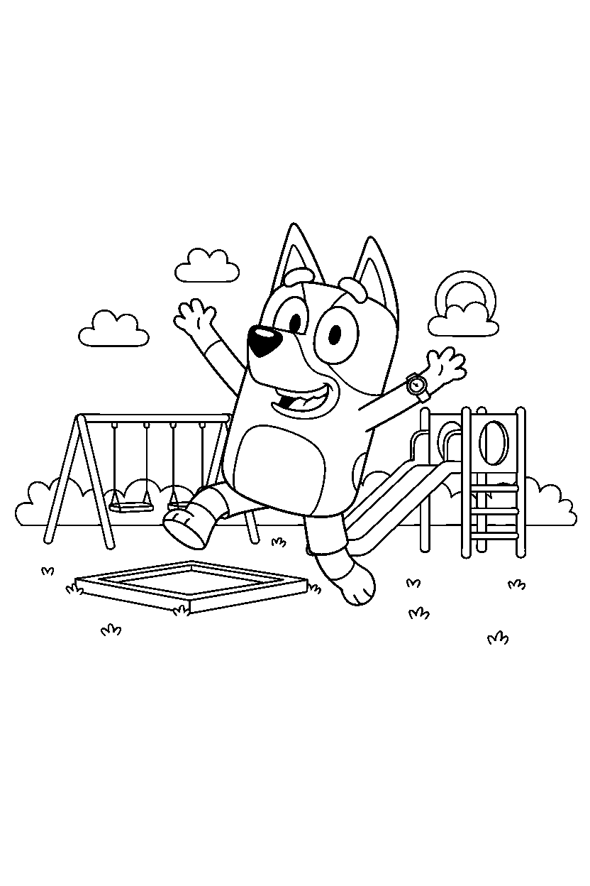bandit heeler the dad from bluey tv series jumping happily at a simple playground line art