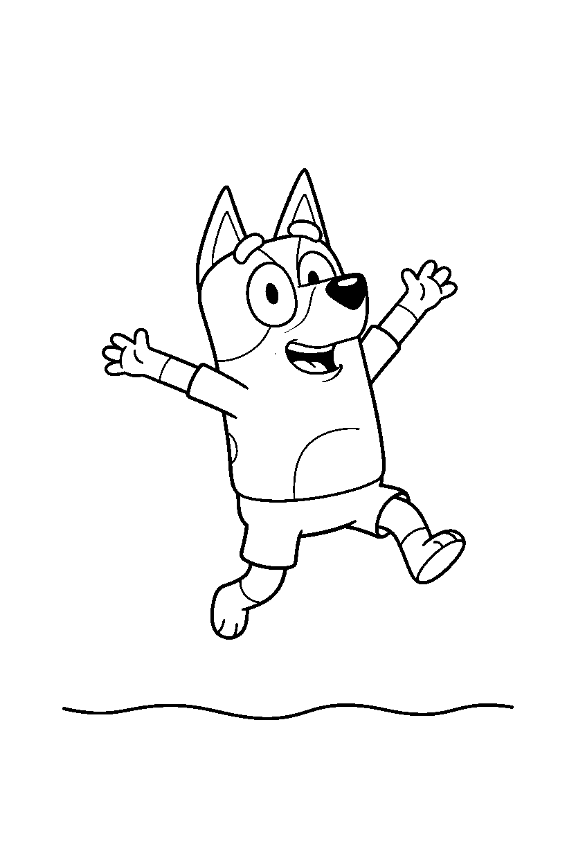 bandit heeler the dad from bluey tv series jumping happily on a blank background with a ground line line art