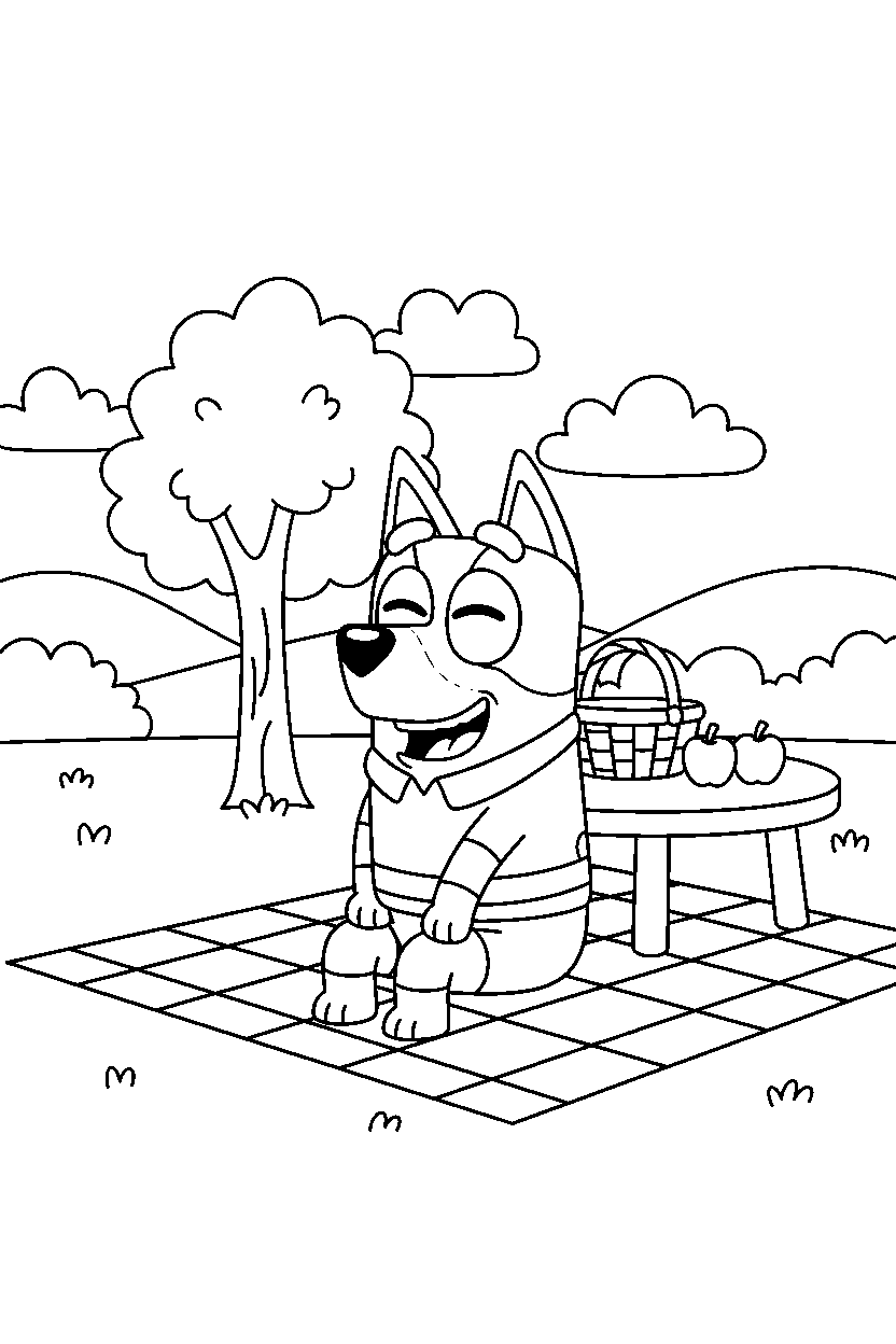 bandit heeler the dad from bluey tv series laughing happily at a simple picnic area line art