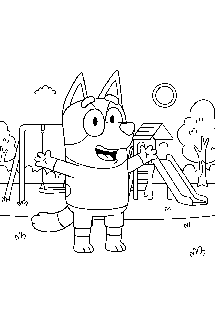 bandit heeler the dad from bluey tv series laughing happily at a simple playground line art