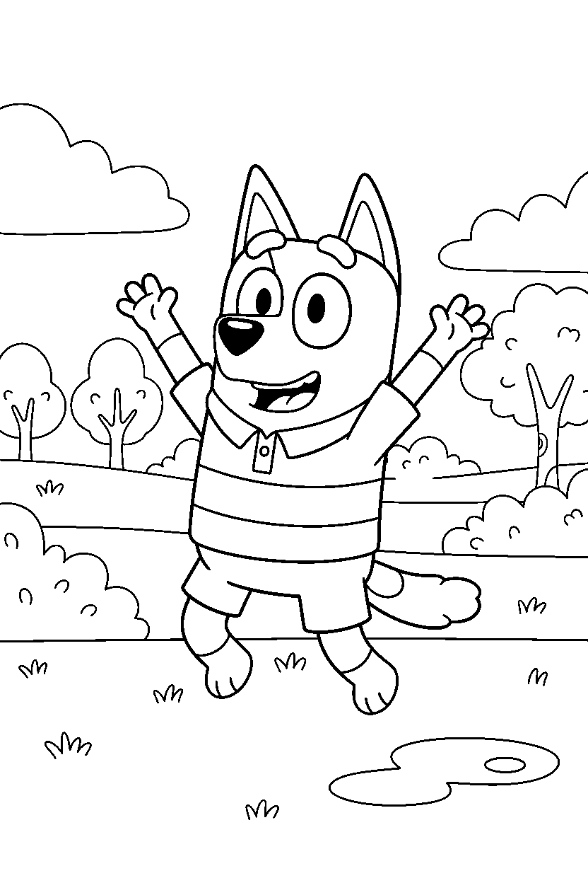 bandit heeler the dad from bluey tv series looking excited in a grassy park line art