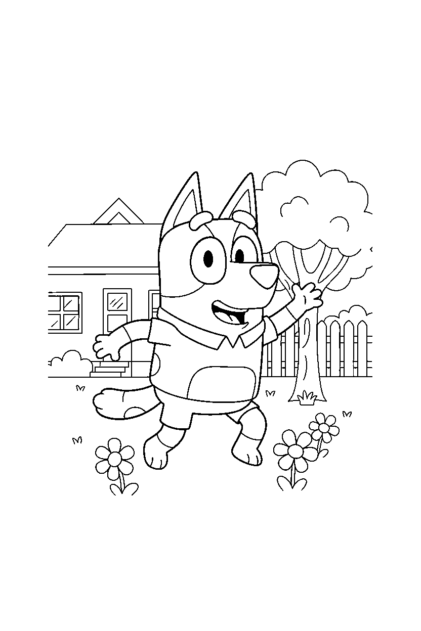 bandit heeler the dad from bluey tv series looking excited in a simple backyard line art