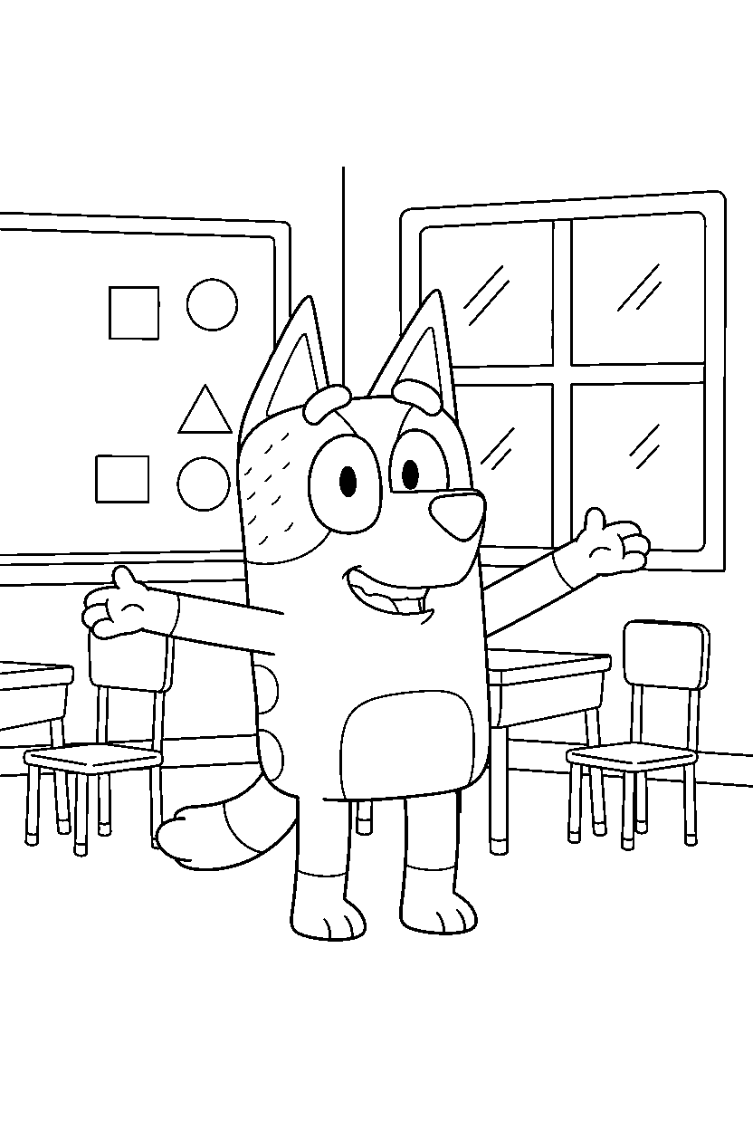 bandit heeler the dad from bluey tv series looking happy in a simple classroom line art