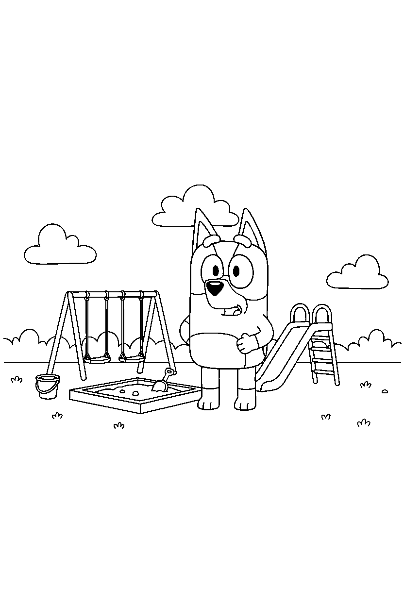 bandit heeler the dad from bluey tv series looking surprised at a simple playground line art