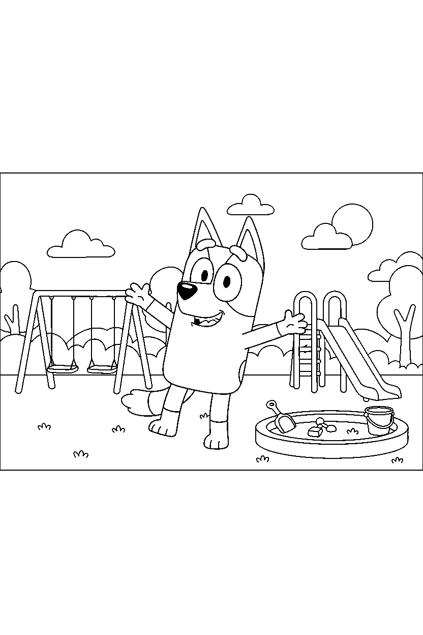 bandit heeler the dad from bluey tv series posing happily at a simple playground line art