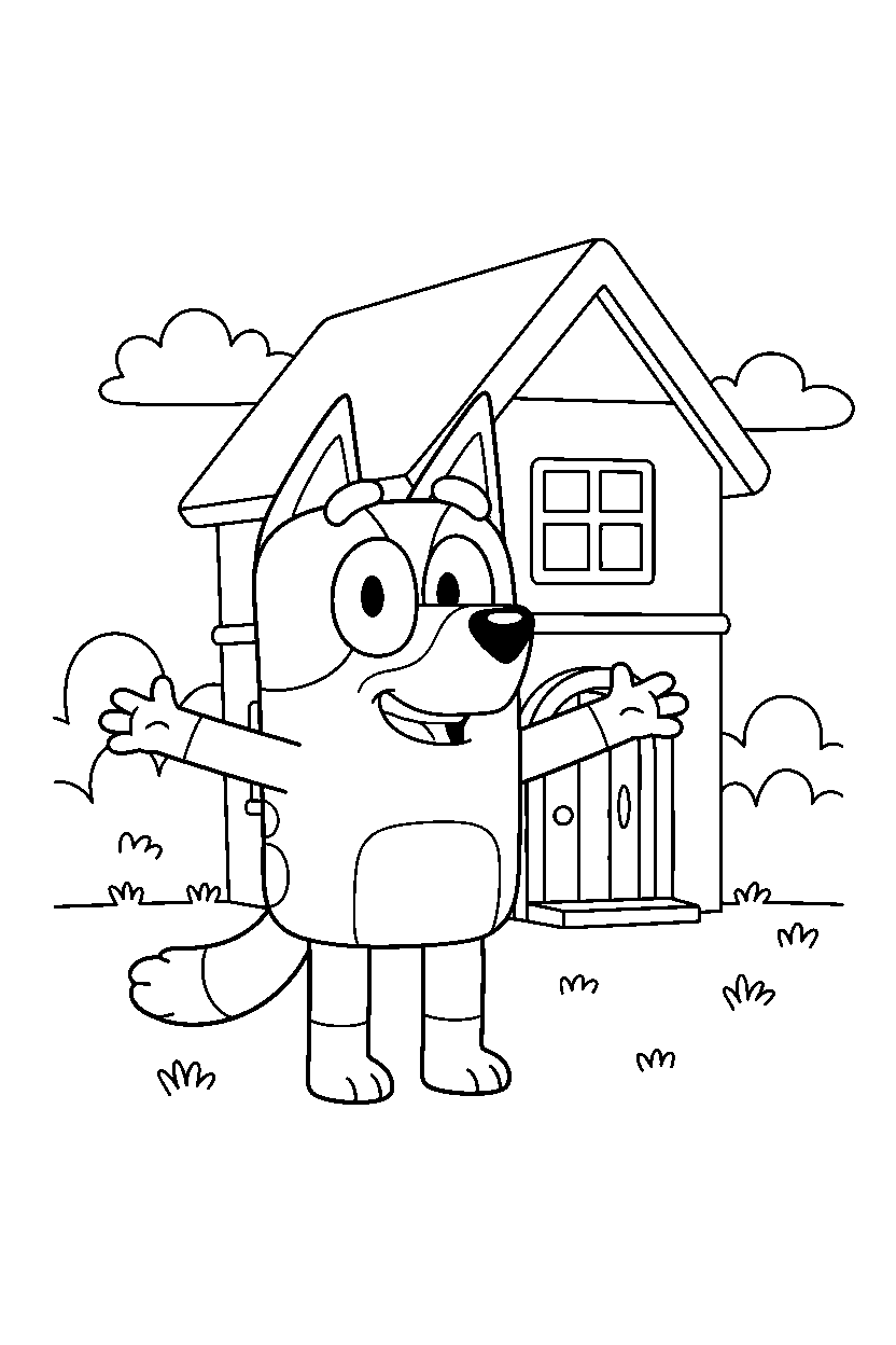 bandit heeler the dad from bluey tv series posing happily in front of a simple house line art
