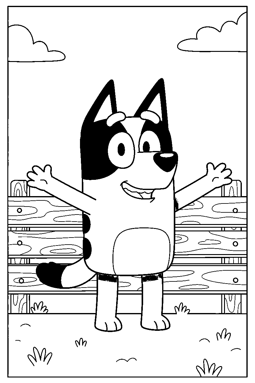 bandit heeler the dad from bluey tv series posing happily in front of a wooden fence line art