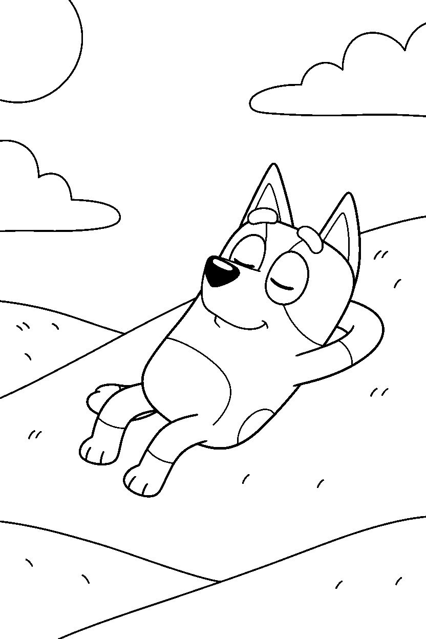 bandit heeler the dad from bluey tv series resting peacefully in rolling hills line art
