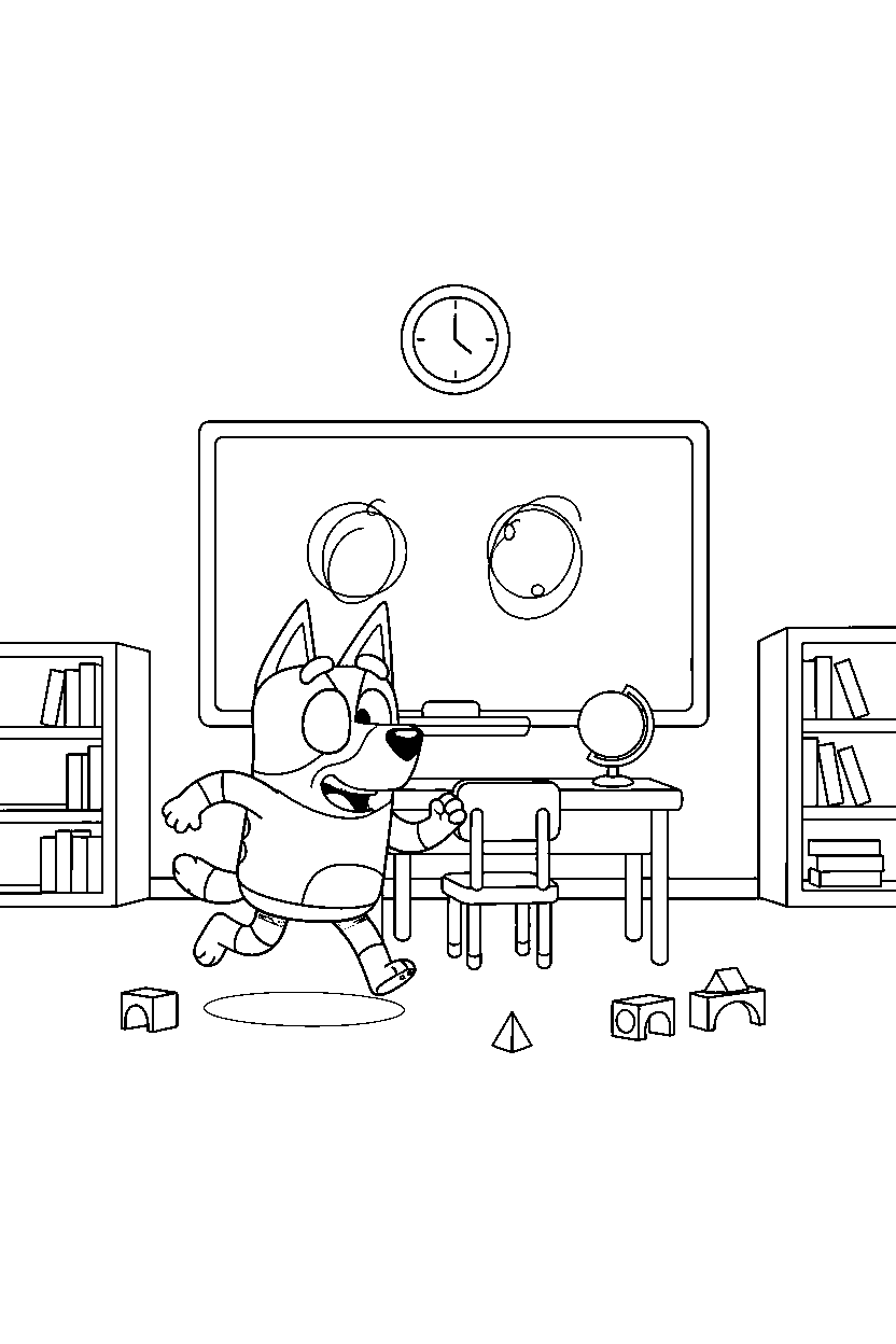 bandit heeler the dad from bluey tv series running happily in a simple classroom line art