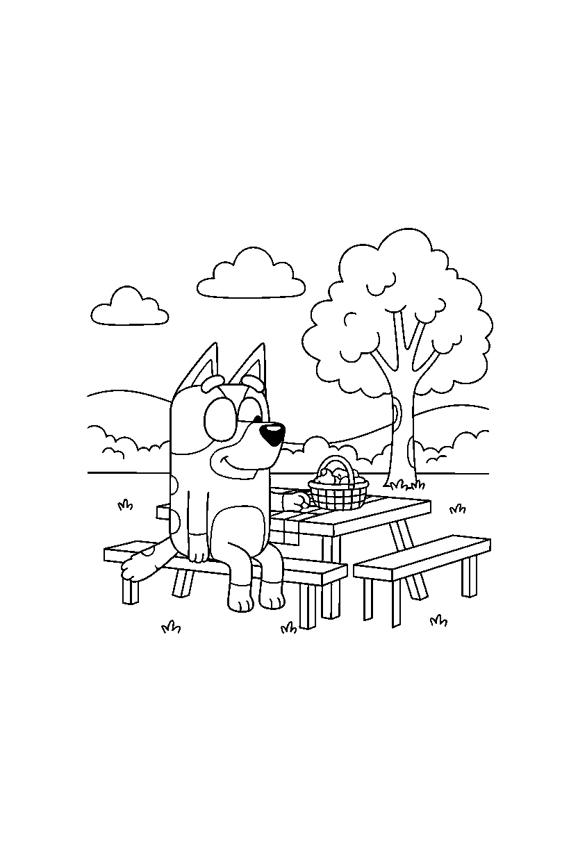 bandit heeler the dad from bluey tv series sitting calmly at a simple picnic area line art