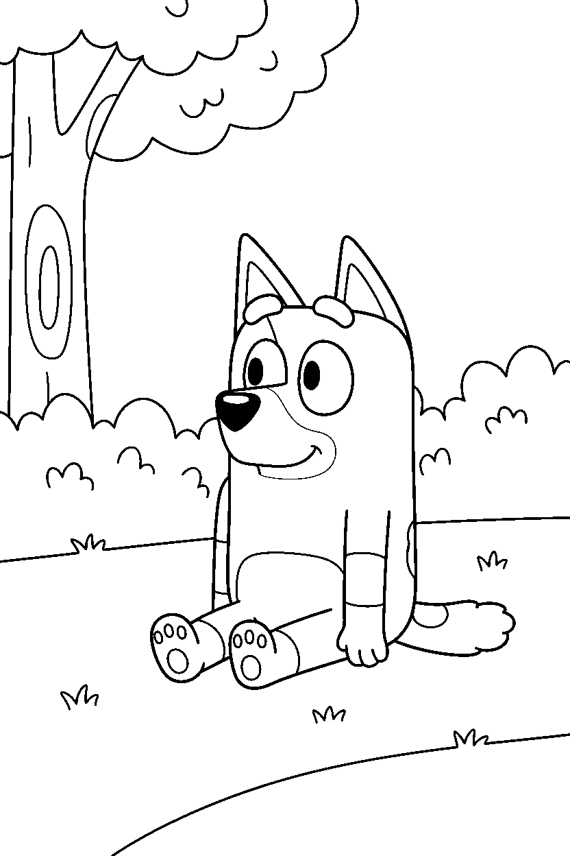 bandit heeler the dad from bluey tv series sitting calmly in a grassy park line art