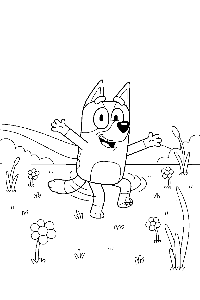 bandit heeler the dad from bluey tv series spinning happily in a sunny field line art