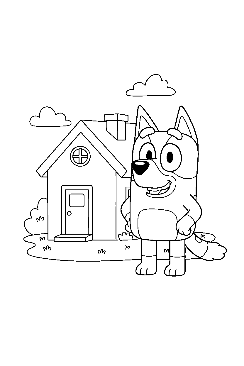 bandit heeler the dad from bluey tv series standing and smiling in front of a simple house line art