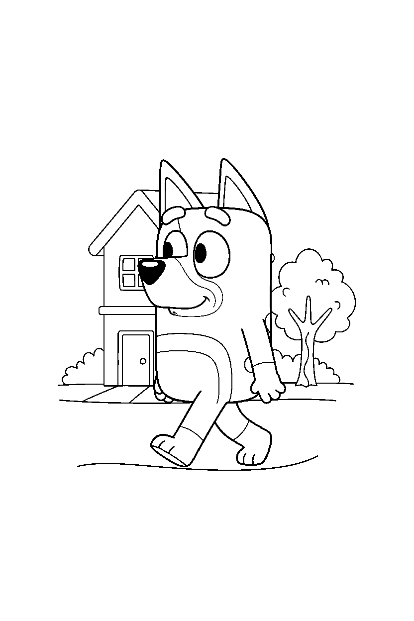 bandit heeler the dad from bluey tv series walking gently in front of a simple house line art