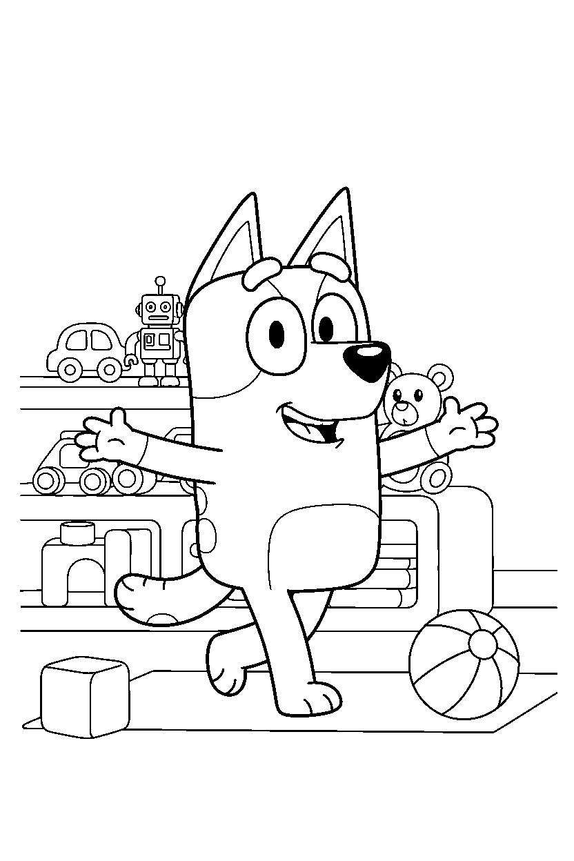 bandit heeler the dad from bluey tv series walking happily in a toy room line art