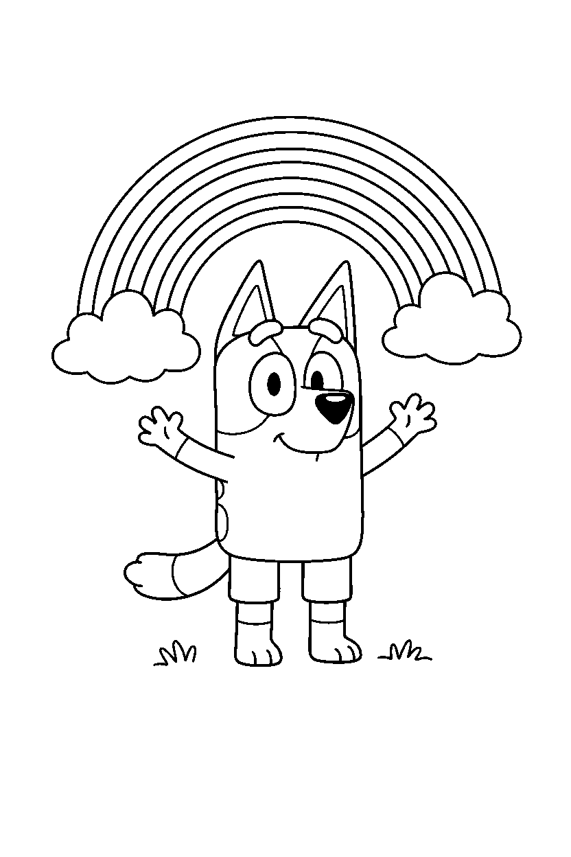bandit heeler the dad from bluey tv series waving happily under a rainbow in the sky line art