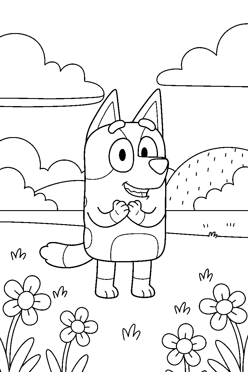 bingo heeler from bluey tv series clapping happily in a sunny field line art