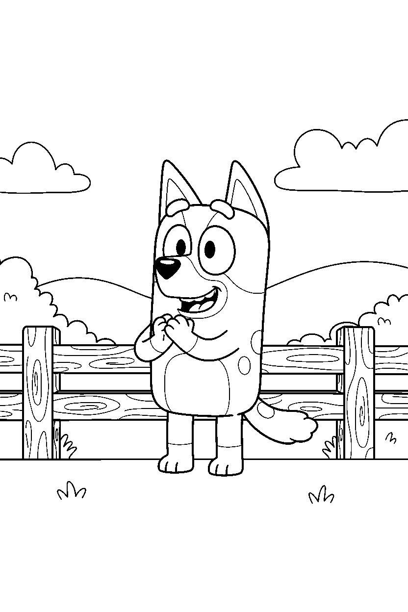 bingo heeler from bluey tv series clapping happily in front of a wooden fence line art