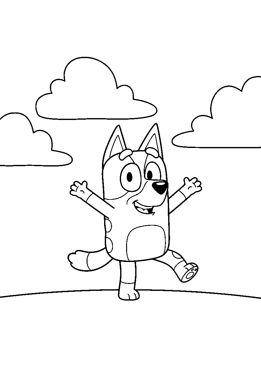 bingo heeler from bluey tv series dancing happily under a cloudy sky line art