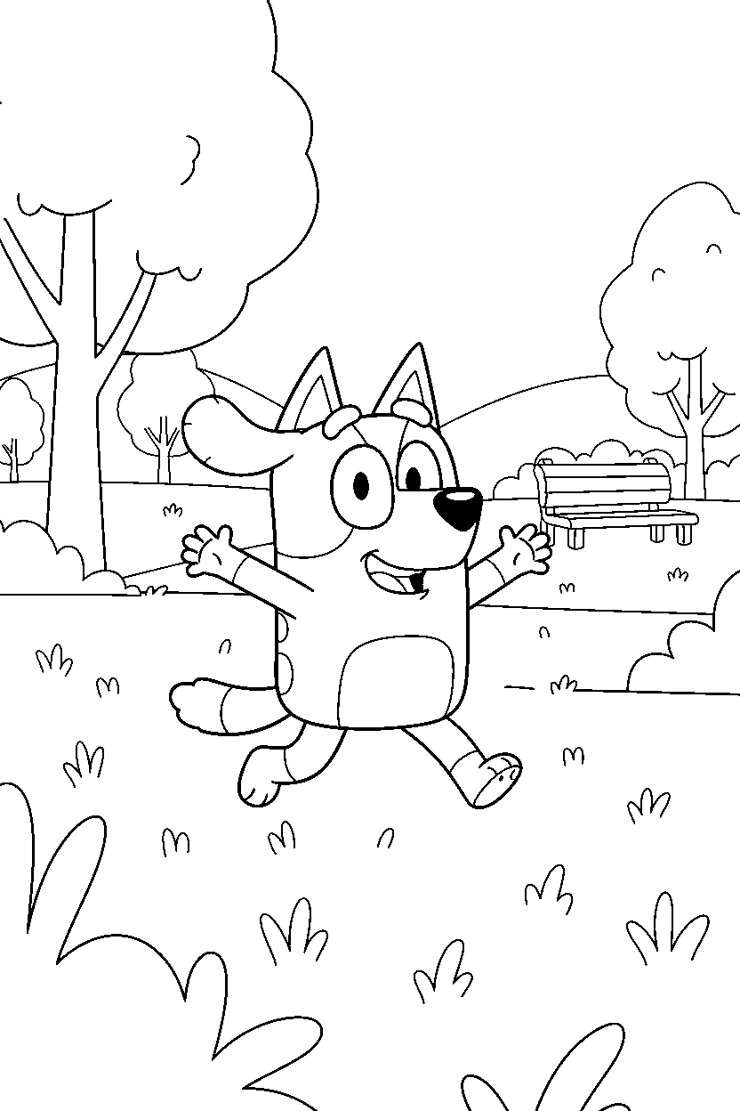 bingo heeler from bluey tv series exploring happily in a grassy park line art