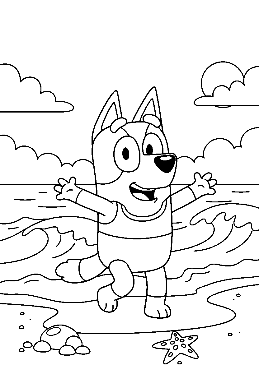 bingo heeler from bluey tv series exploring happily on a beach with simple waves line art