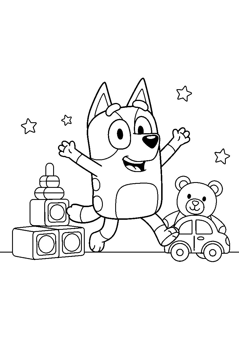 bingo heeler from bluey tv series jumping happily in a toy room line art