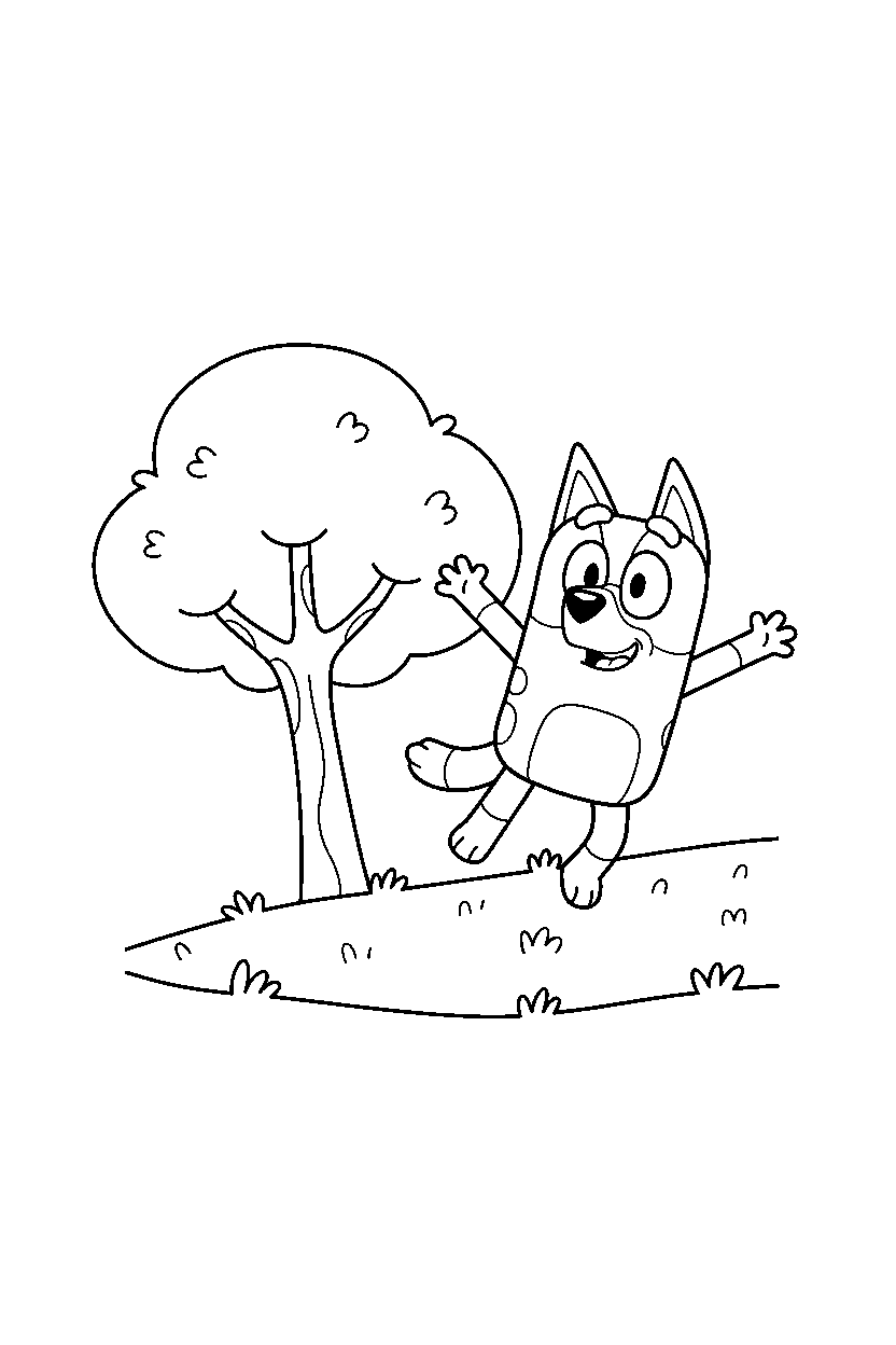 bingo heeler from bluey tv series jumping happily near a tree with open grass line art