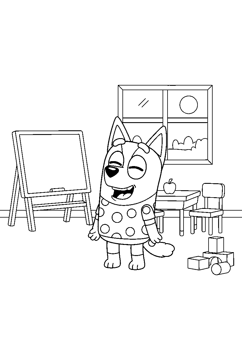 bingo heeler from bluey tv series laughing happily in a simple classroom line art
