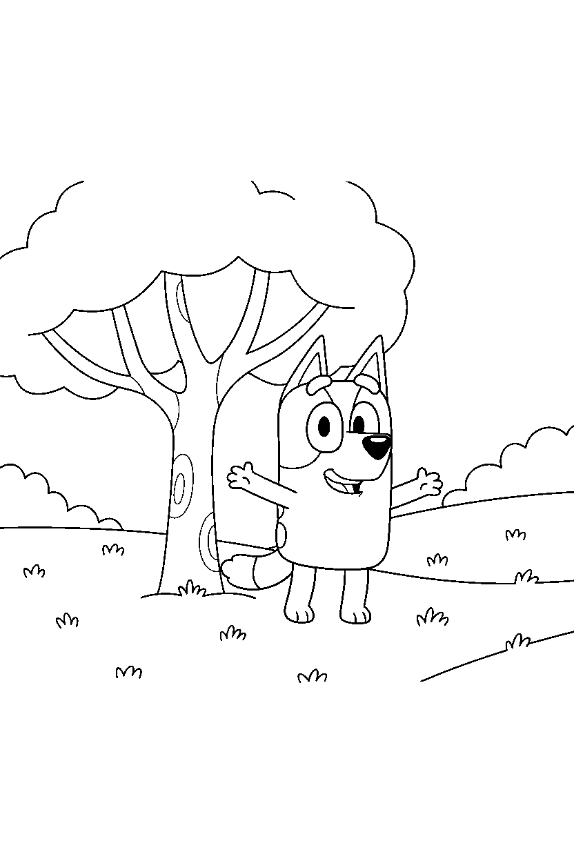 bingo heeler from bluey tv series looking happy near a tree with open grass line art