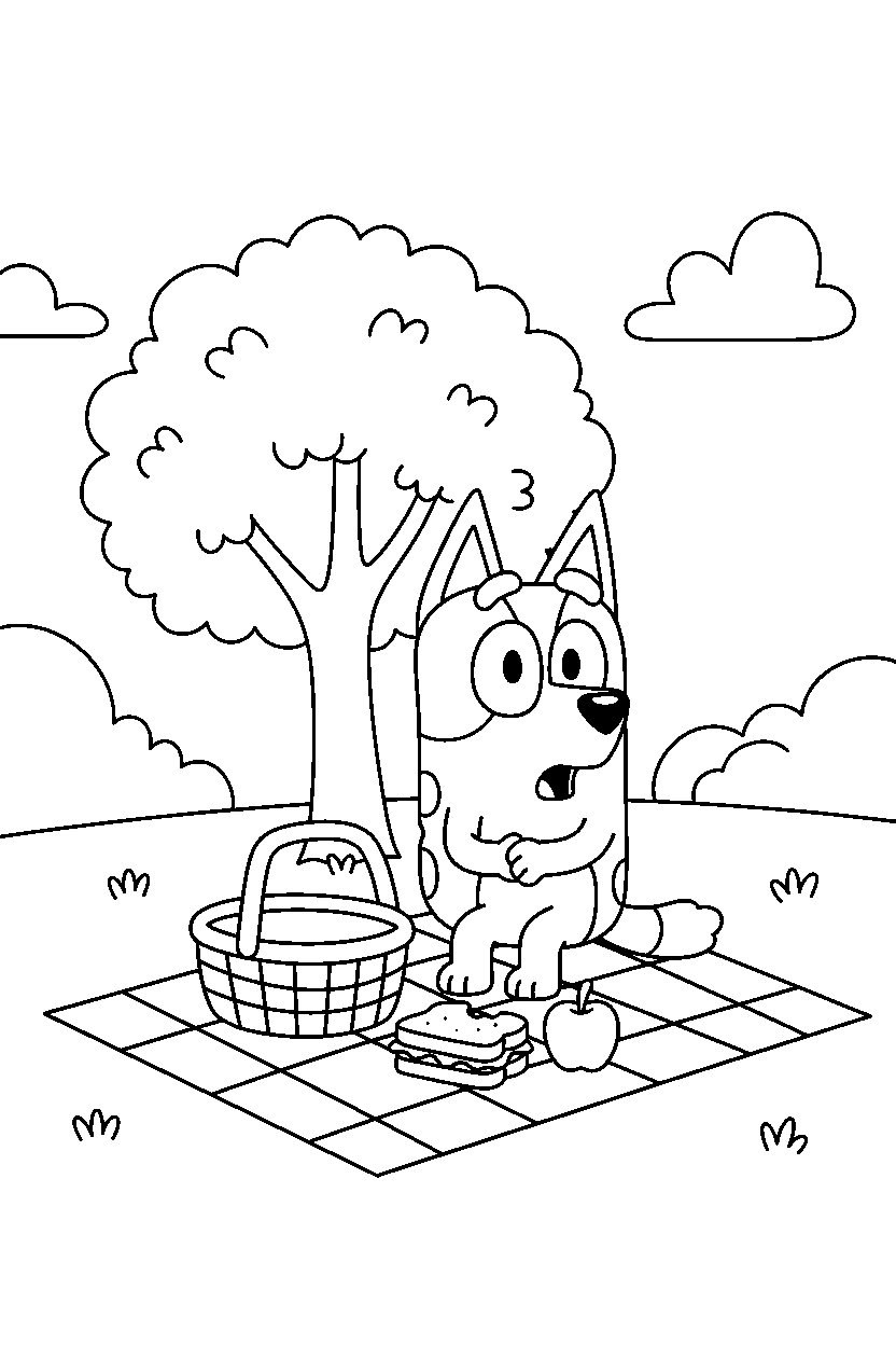bingo heeler from bluey tv series looking surprised at a simple picnic area line art