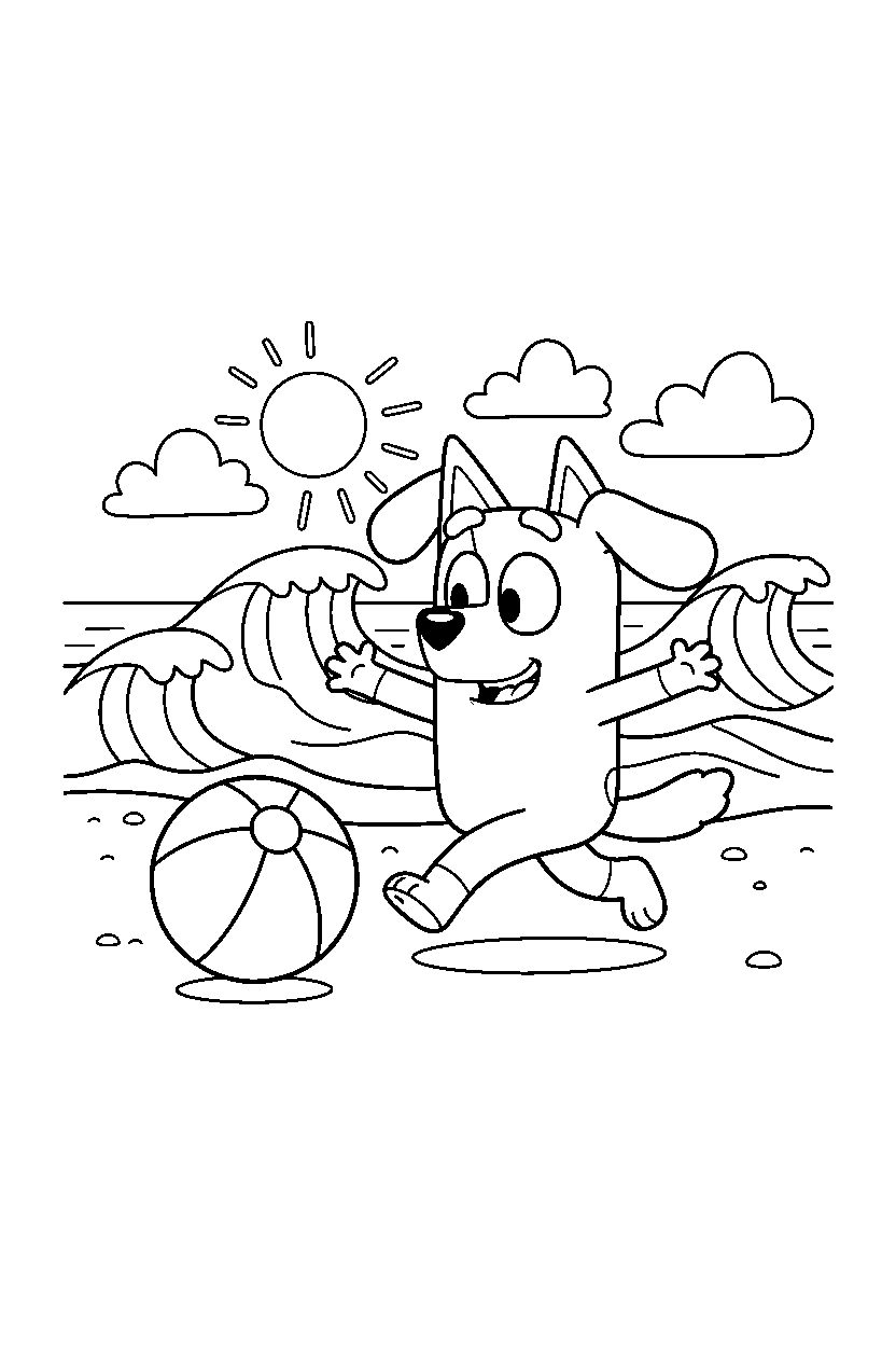 bingo heeler from bluey tv series playing with a ball on a beach with simple waves line art