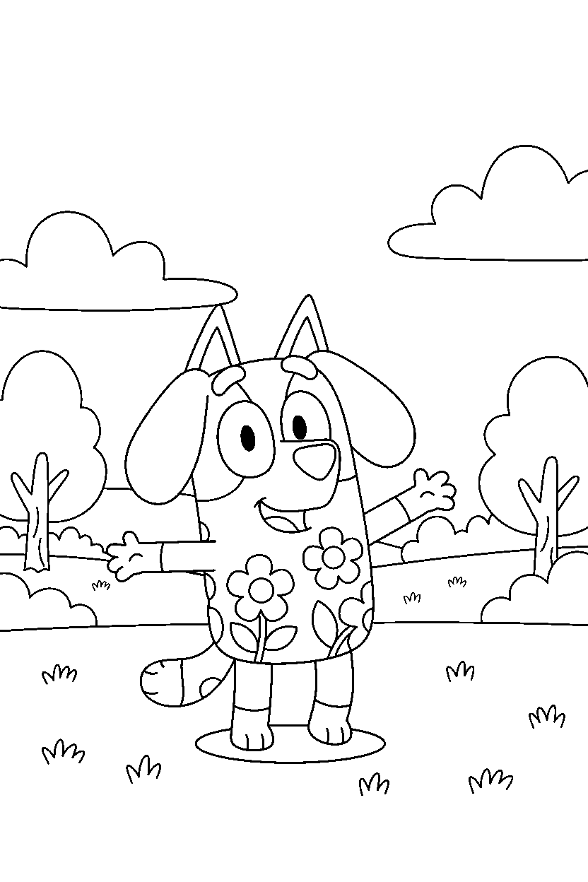 bingo heeler from bluey tv series posing happily in a grassy park line art