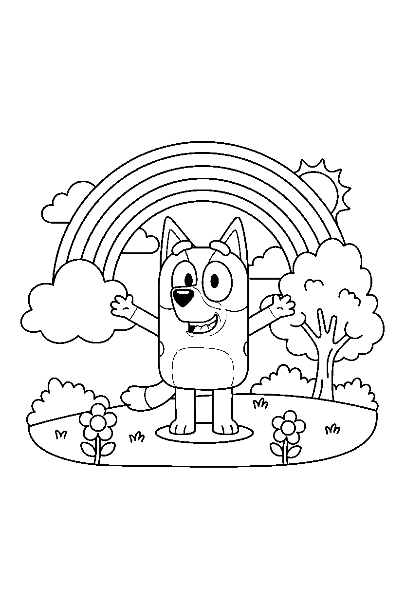 bingo heeler from bluey tv series posing happily under a rainbow in the sky line art