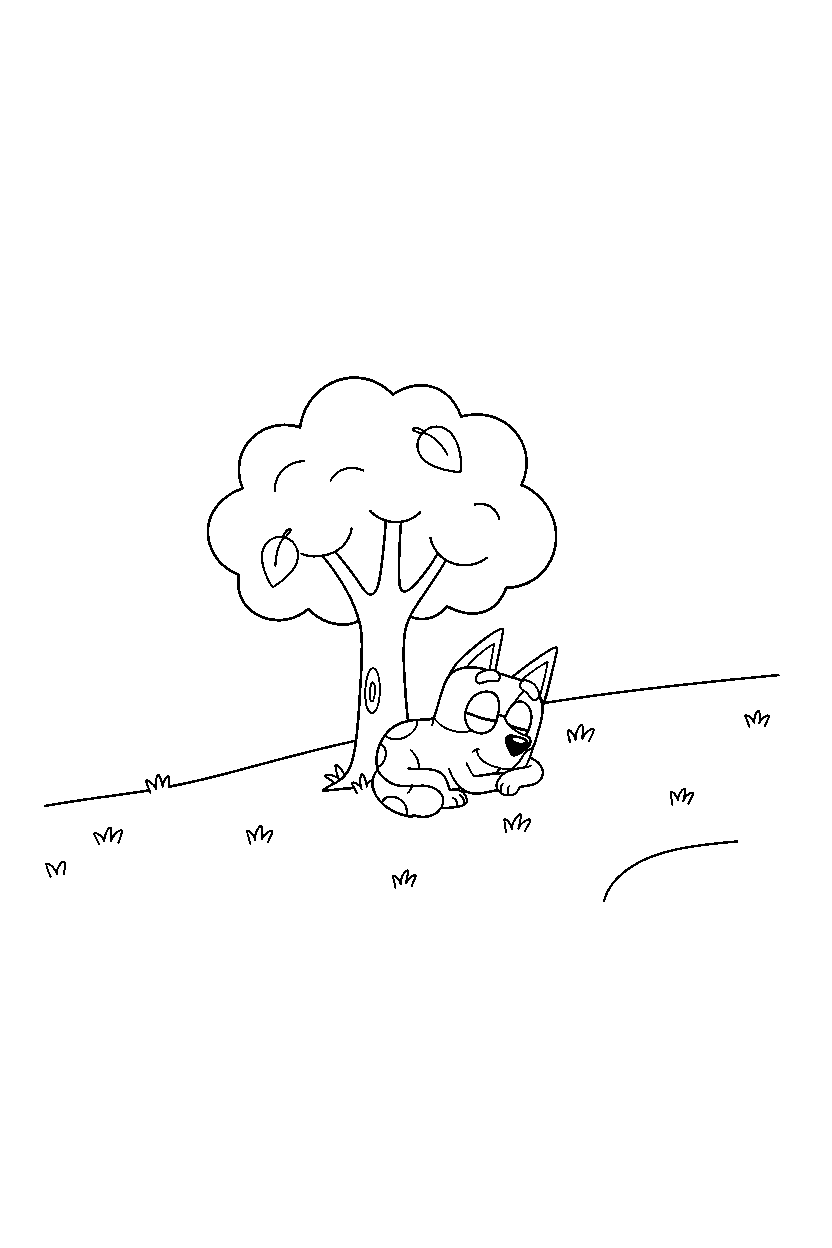bingo heeler from bluey tv series resting peacefully near a tree with open grass line art