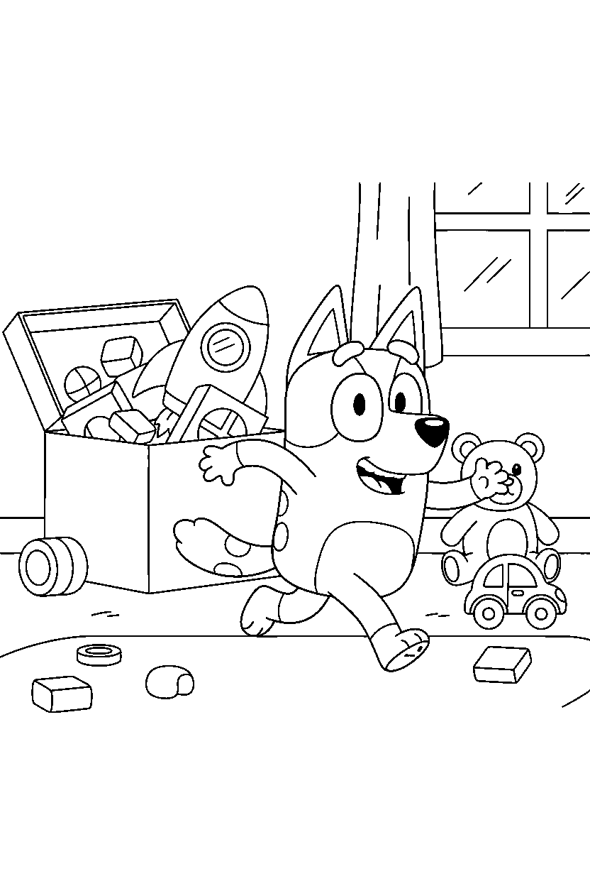 bingo heeler from bluey tv series running happily in a toy room line art