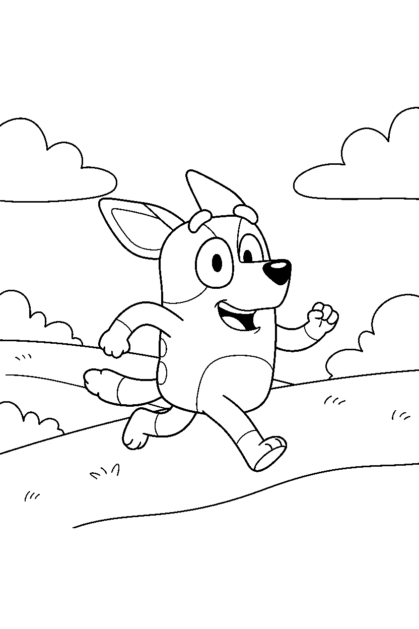 bingo heeler from bluey tv series running happily in rolling hills line art