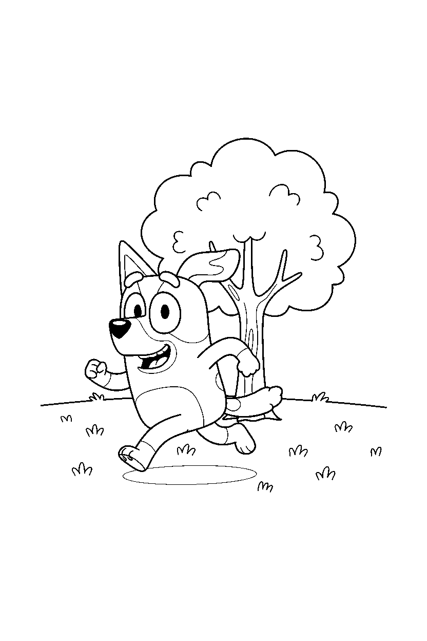 bingo heeler from bluey tv series running happily near a tree with open grass line art