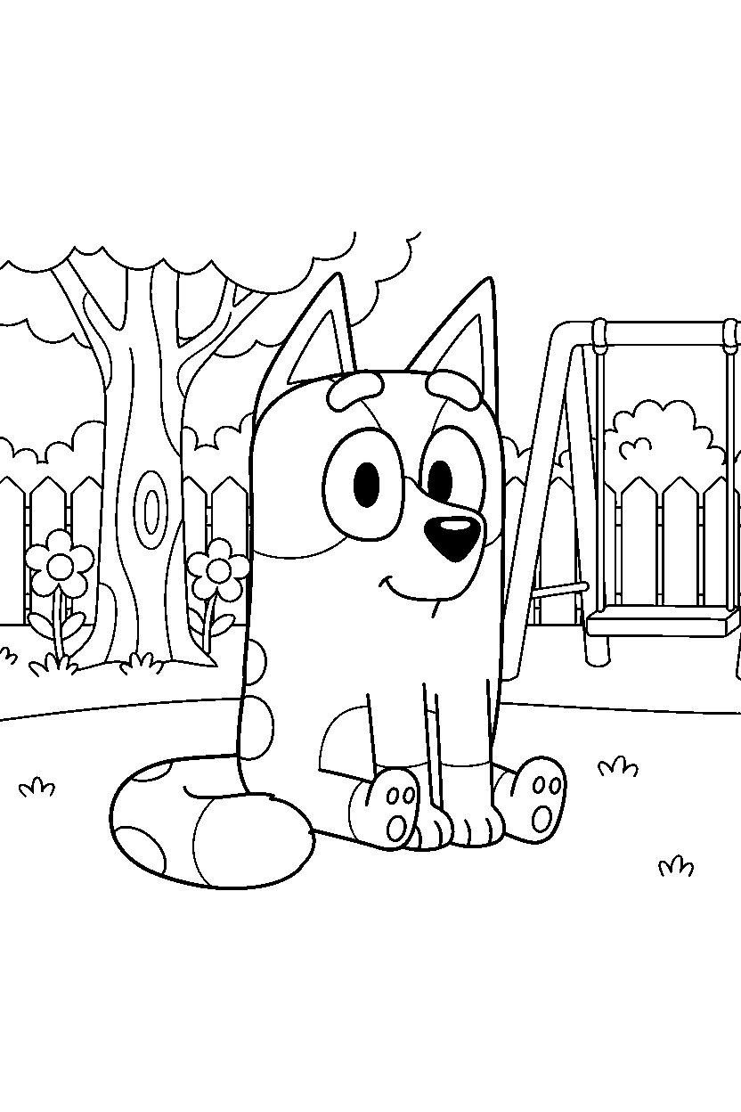 bingo heeler from bluey tv series sitting calmly in a simple backyard line art